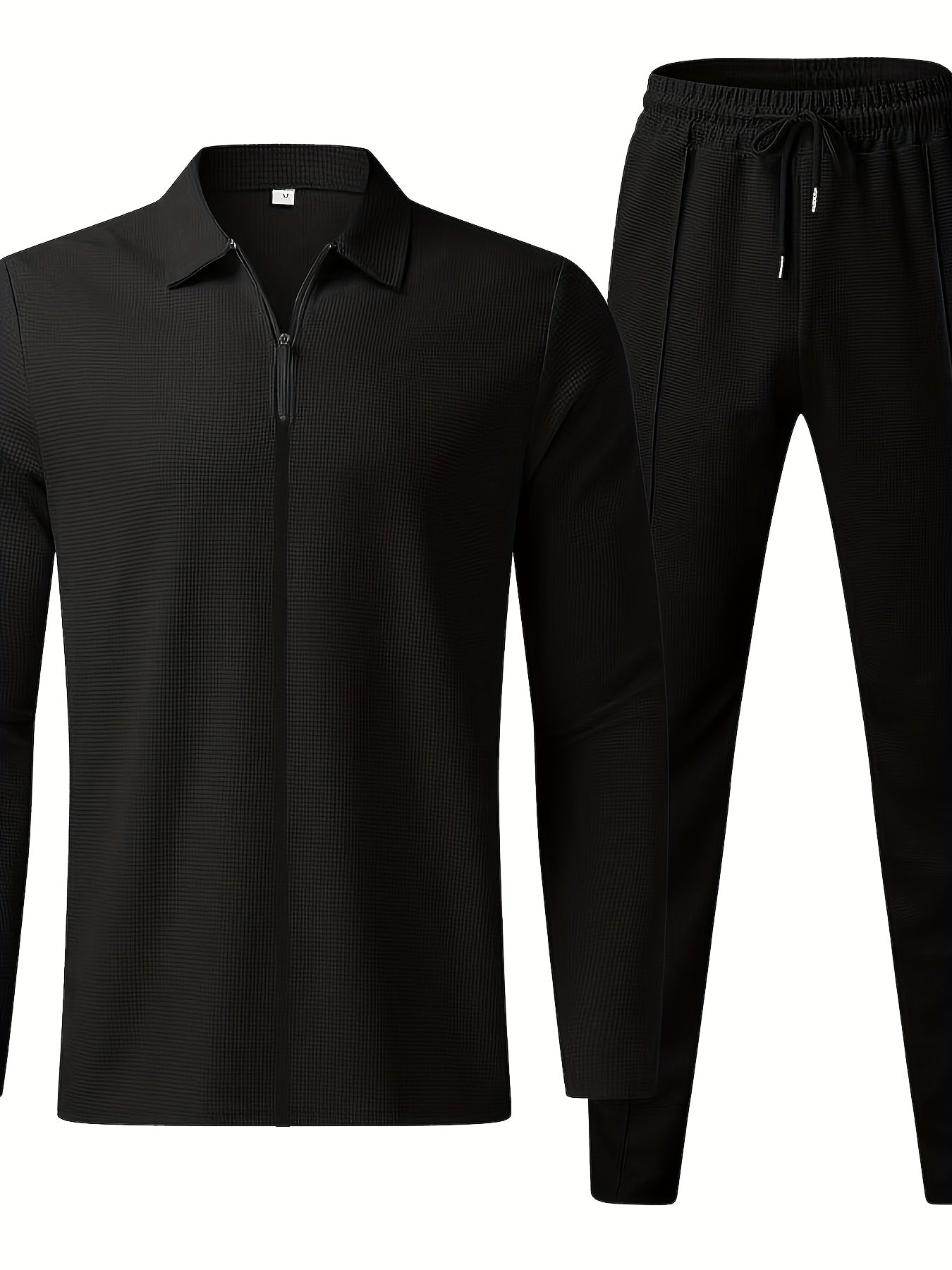 Men's Waffle Collar Suit Fashion Zipper Cardigan Casual Set