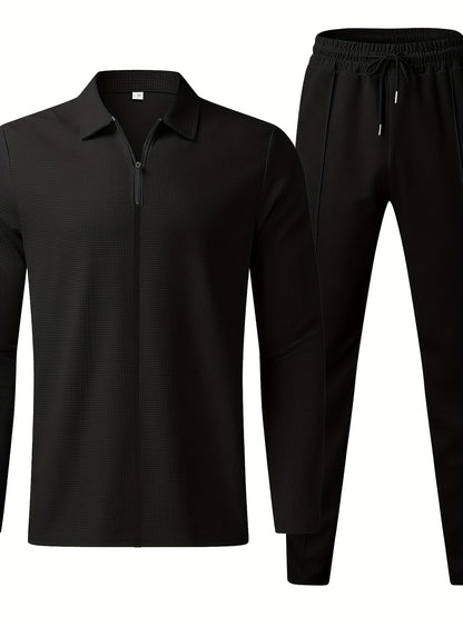 Men's Waffle Collar Suit Fashion Zipper Cardigan Casual Set