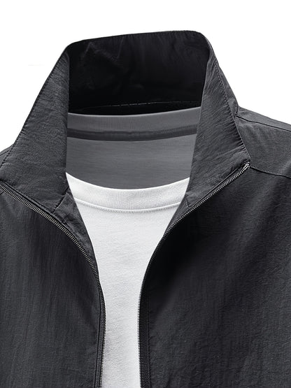 Men'S Olive Green Bomber Jacket with Stand Collar - Casual, Comfortable, Zip-Up Outerwear for Outdoor Activities, Casual Attire|Stand Collar Jacket|Zippered Jacket