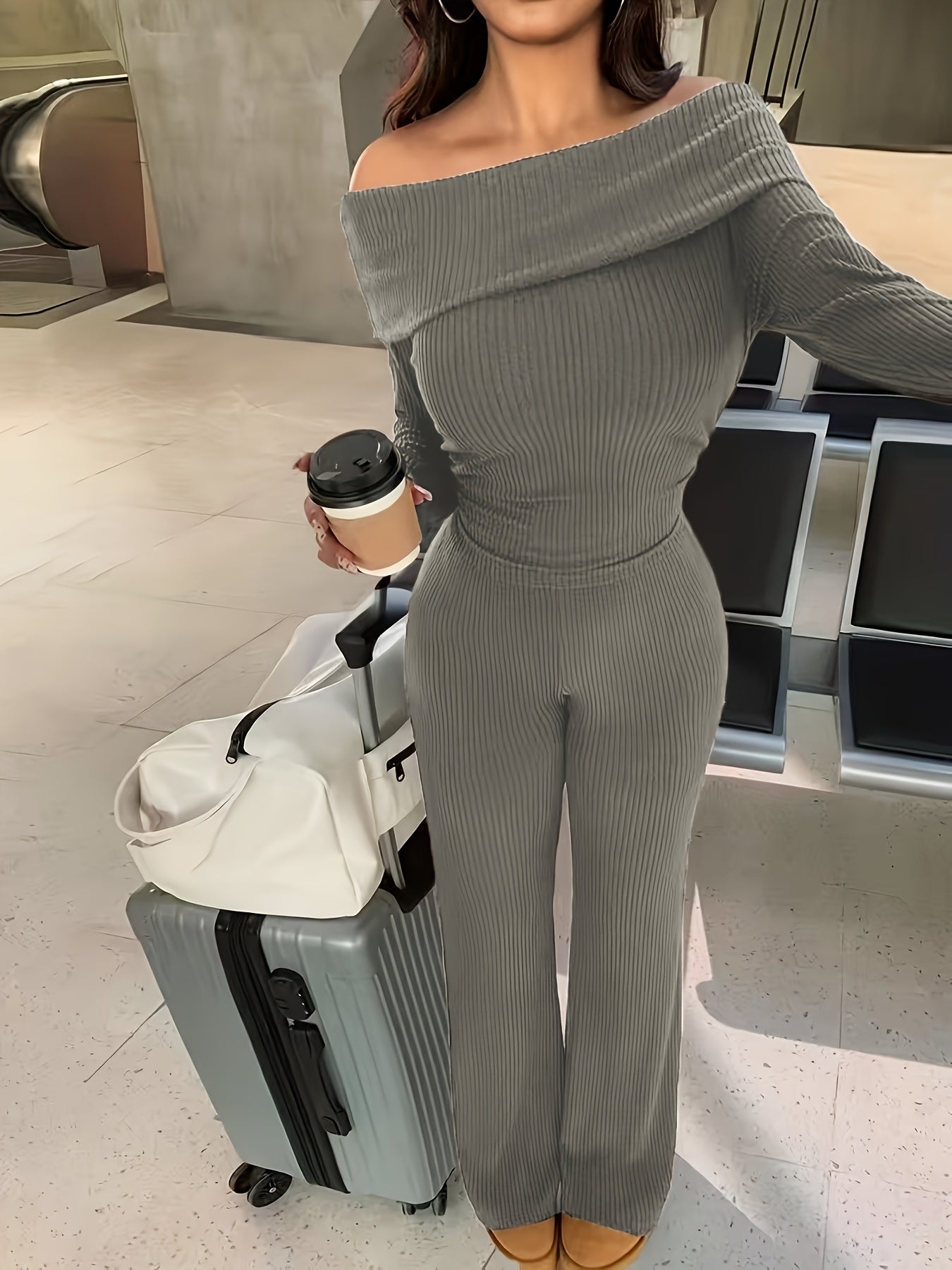 Autumn And Winter Solid Color Two-Piece Set, Sexy Off-The-Shoulder Top + Wide-Leg Flared Pants Suit, Elastic And Soft Ribbed Fabric, Machine Washable