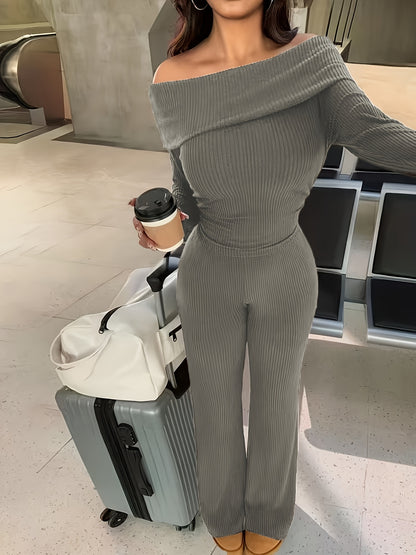 Autumn And Winter Solid Color Two-Piece Set, Sexy Off-The-Shoulder Top + Wide-Leg Flared Pants Suit, Elastic And Soft Ribbed Fabric, Machine Washable