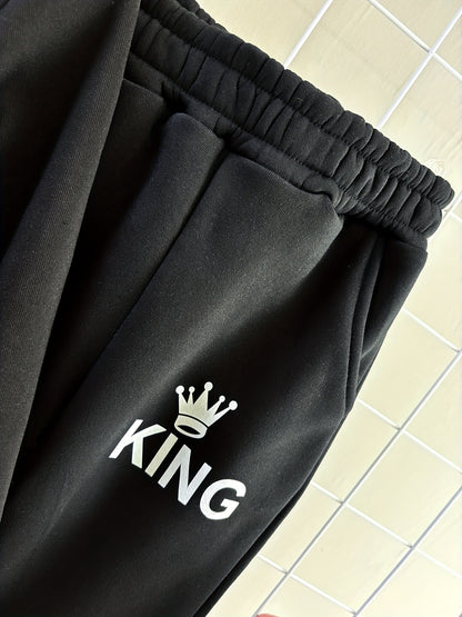 3pcs Boys' Winter Thermal Full Set - Thick Zip-Up Vest, Hooded Sweatshirt & Full-Zip Pants Jacket with & KING Logo Print (Black) - Loose-Fit Cold Weather Outfits for &, Machine Washable, Perfect for Outdoor