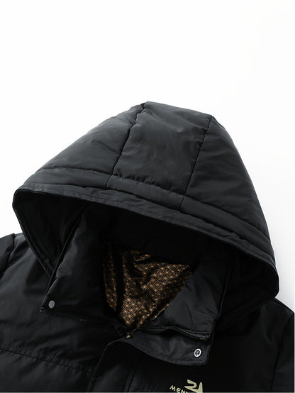 Men's Winter Jacket 100% Polyester Windproof Thermal Insulated Hooded with Detachable Hood, College Style Letter Pattern Zipper Front, Regular Fit for Skiing Outdoor Activities & Daily Wear