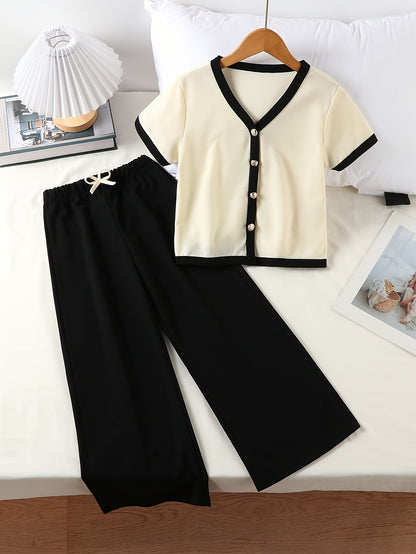 Girls' Casual Two-Piece Set: Color Block V-Neck Shirt & Pants
