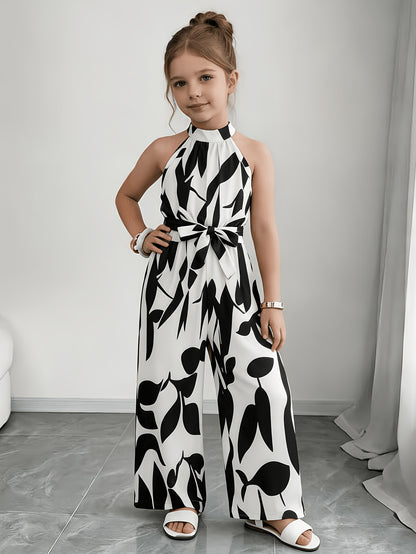 Girls Sleeveless Geometric Jumpsuit with Belt - Elegant Summer Wear