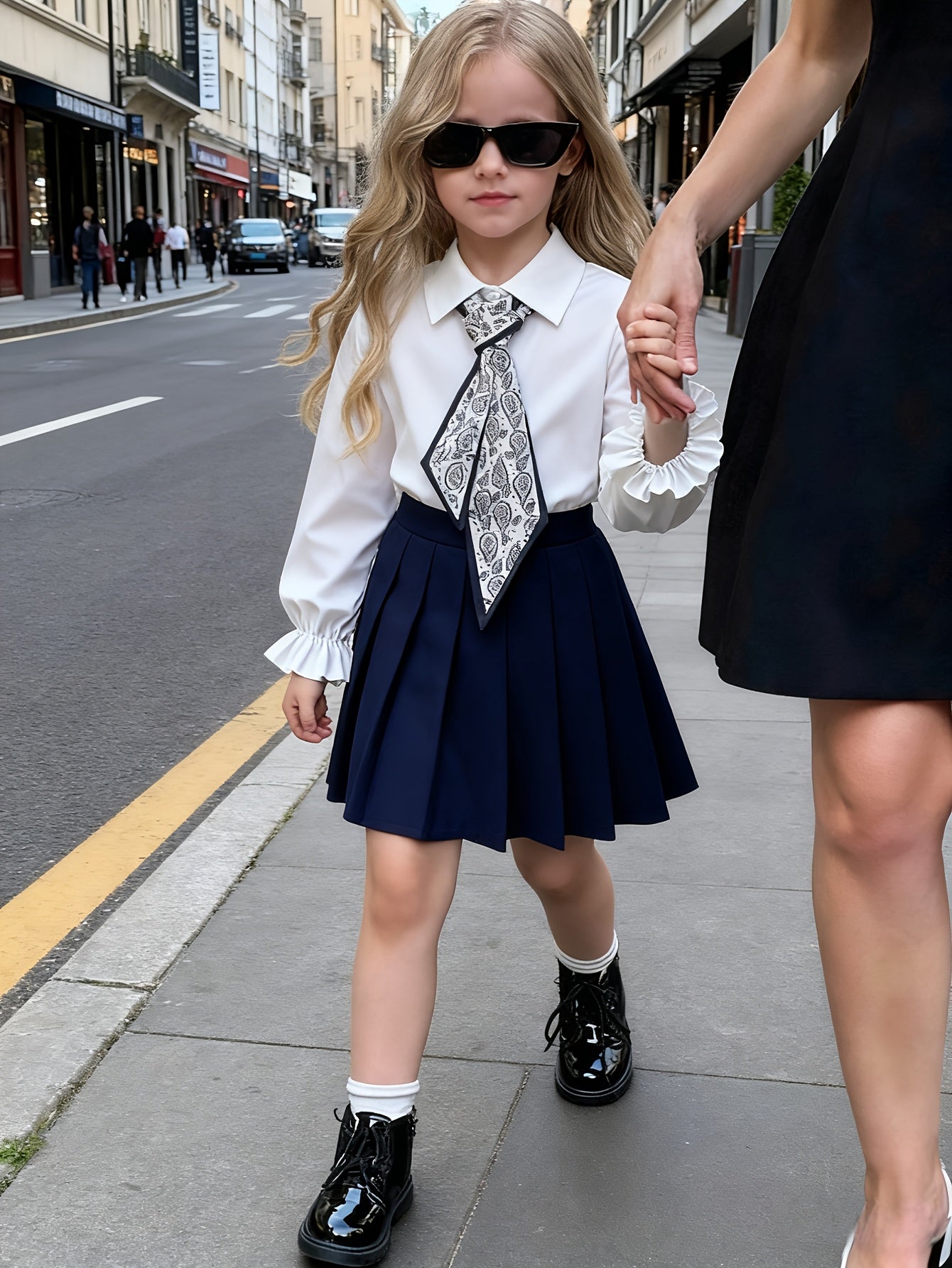 Girls' Preppy Long Sleeve Shirt & Pleated Skirt Set for Fall