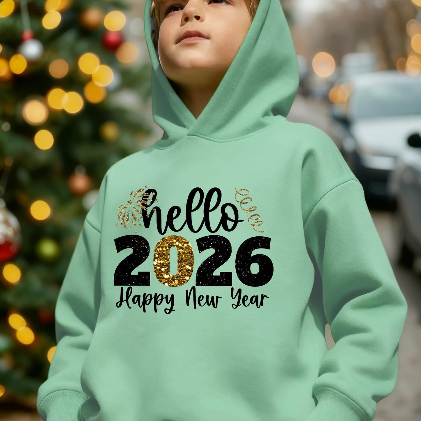 Boys' 2026 New Year Hooded Sweatshirt - Hello 2026 Happy New Year Lettering, Mint Green with Golden Accents, Loose Fit Long Sleeve Pullover for Boys