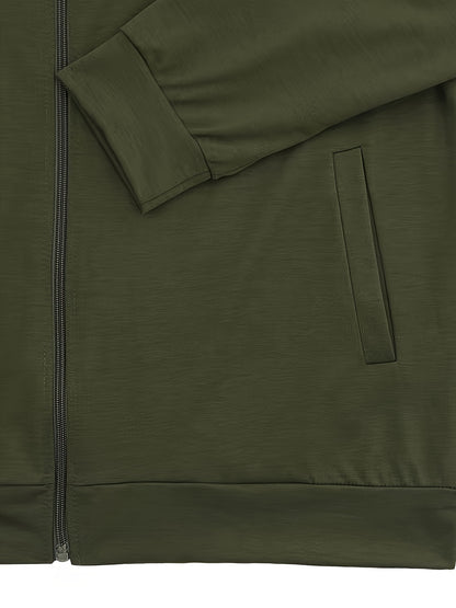 Men's Lightweight Stand Collar Jacket - Olive Green Softshell Zipper Jacket with Pockets, Regular Fit for Spring/Fall Hiking & Casual Outdoor Wear, Hiking Accessories