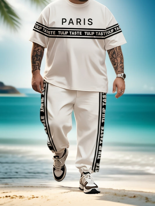 Black and White Striped Urban Style Large Size Men's Round Neck Short Sleeve T-shirt and Pants Black and White 3D Striped Mixed Print Simple Paris Letter Street Culture Short Sleeve T-shirt Urban Striped Letter Print Pants Fa