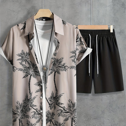 Coconut Tree Print, Men's 2Pcs Outfits, Casual Camp Collar Lapel Button Up Short Sleeve Shirts Hawaii Shirt And Drawstring Shorts Set For Summer, Men's Clothing