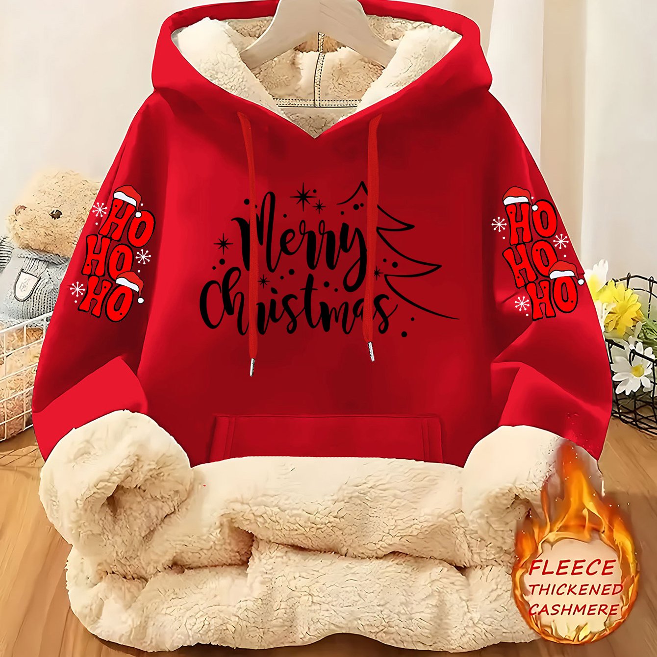 Women's Fleece-Lined Hooded Christmas Sweatshirt with Ho Ho Ho & Merry Christmas Print, Plush Fleece Jacket, Warm Winter Coat, Thick Polyester Outer Layer, Machine Washable Holiday Sweater for Xmas Parties & Winter Outfits, W