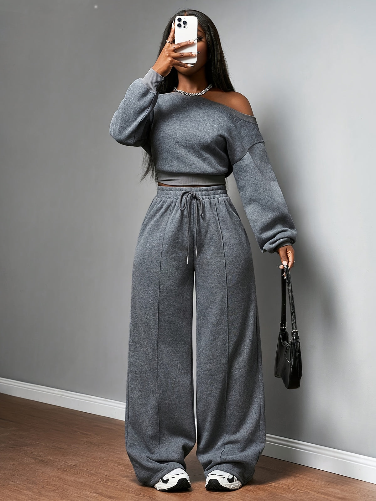 Women's Casual Off-Shoulder Sweatshirt & Wide-Leg Pants Set - ayq