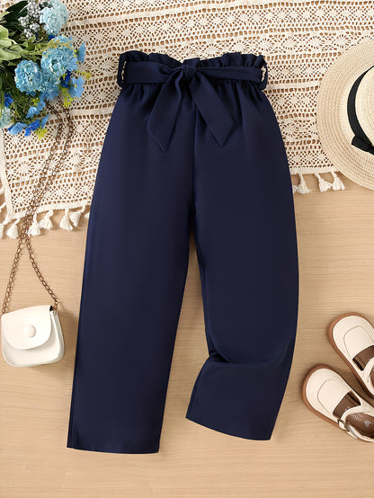 Girls' Casual Straight Leg Belted Pants in Solid Color