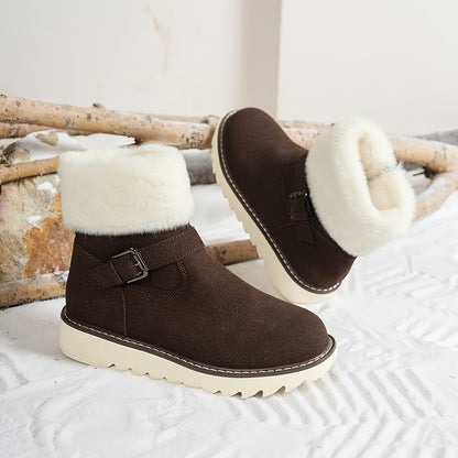 Women's Winter Snow Boots with Plush Faux Fur Collar & Buckle Closure - Round Toe TPR Sole Slip- Warm Ankle Boots, Soft Fabric Upper & Lining, Black/White/Beige/Coffee Brown - Casual & Formal Winter Footwear for Snow & Ice -
