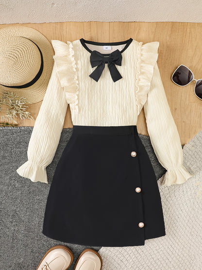 Girls 8-12Yrs Elegant Apricot Top & Black Bow Skirt Set