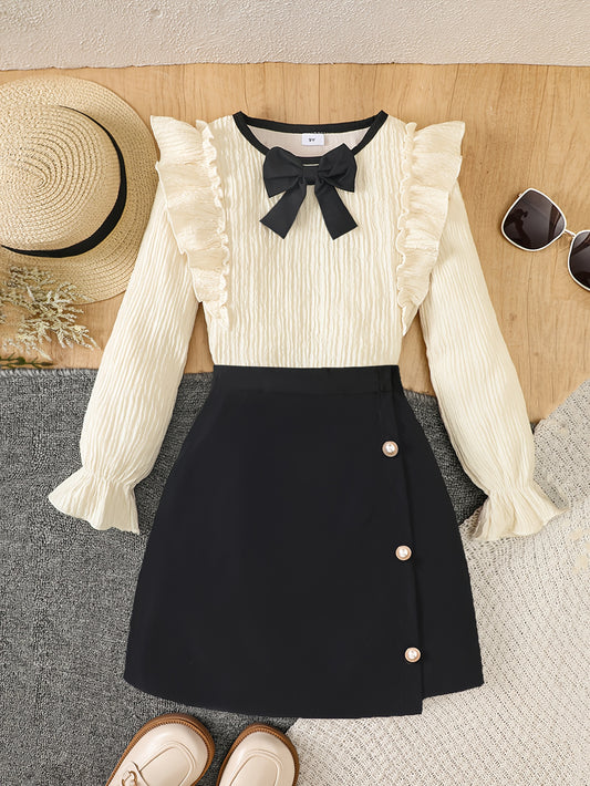 Girls 8-12Yrs Elegant Apricot Top & Black Bow Skirt Set