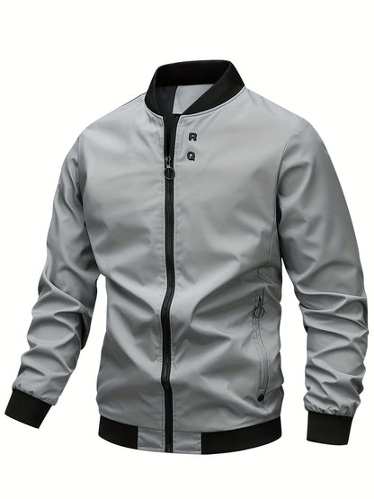 Men's Stylish Windproof Jacket - Solid Color, Stand Collar, Zip-Up with Pockets, Lightweight Polyester for All Seasons, Casual & Outdoor Wear, Allseason Jacket | Zipup Jacket | Polyester Jacket, Windbreaker Jacket