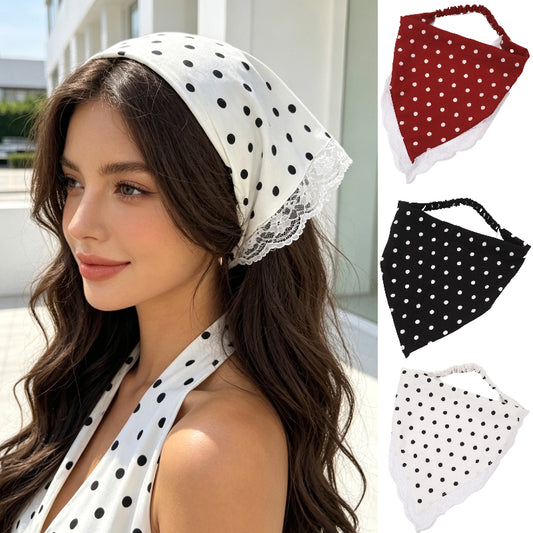 Women’s Stretch Lace Trim Polka Dot Bandana Headscarf - ayq