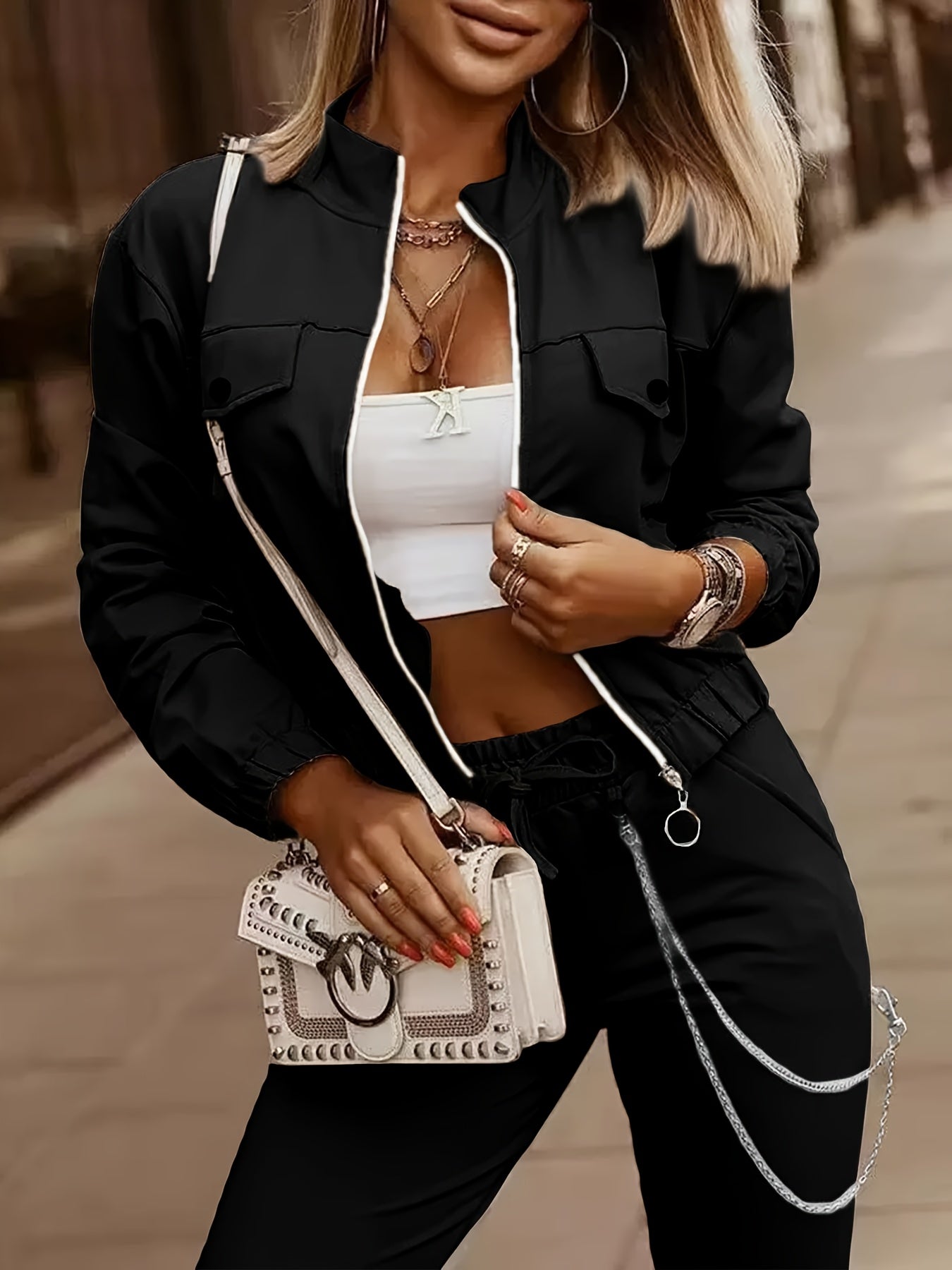 Cross-Border Women'S Two-Piece Set with Zip Long-Sleeve Top And Pants Featuring a Patchwork Zip Design, Casual Outfit