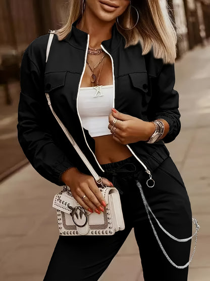 Cross-Border Women'S Two-Piece Set with Zip Long-Sleeve Top And Pants Featuring a Patchwork Zip Design, Casual Outfit