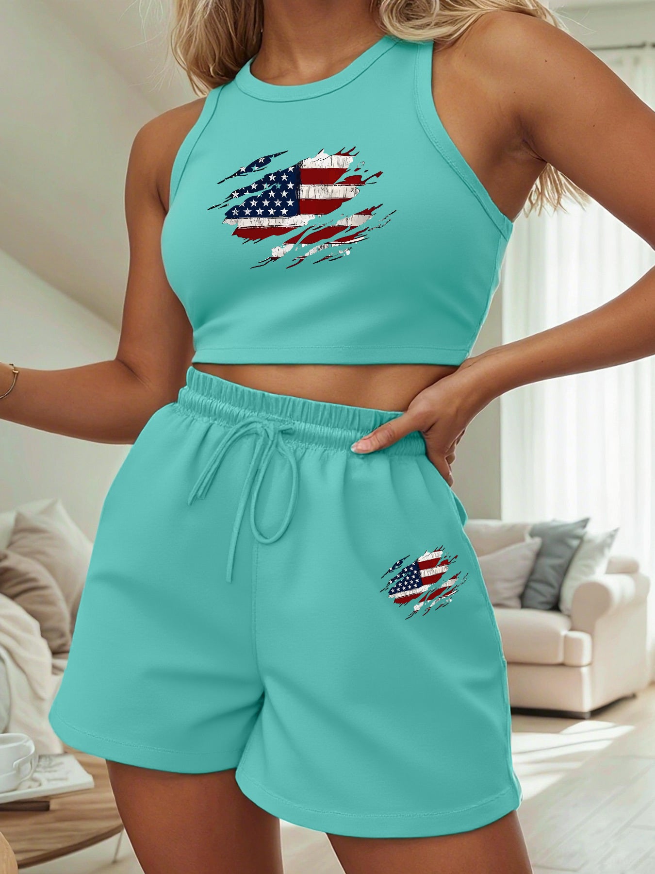 Women's Casual Two-Piece Set with English Print & Slanted Pockets