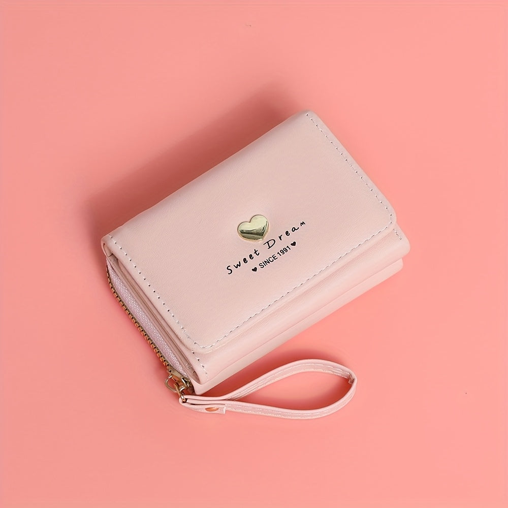 New Women'S Short Wallet, Cute Korean-Style Heart-Shaped, Large Capacity with Multiple Card Slots, Trendy Tri-Fold Design.