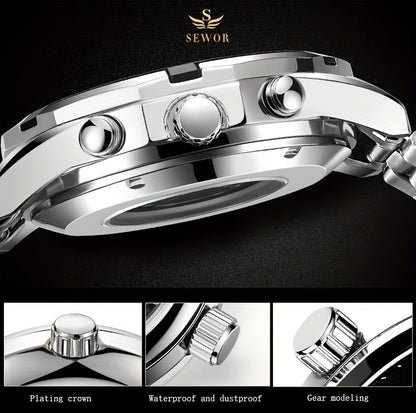 Fashion Statement, Men's Luxury Automatic Mechanical Watch - Elegant Stainless Steel Band, Multi-Function with Sun, Moon, and Stars Display, Transparent Back for Sophisticated Style