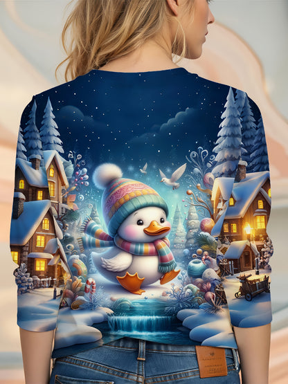 The 's heart is bursting! Warm hat duck snow view T-shirt, Women's casual, comfortable and elegant top, Women's round neck long sleeved T-shirt, Women's fashionable long sleeved T-shirt