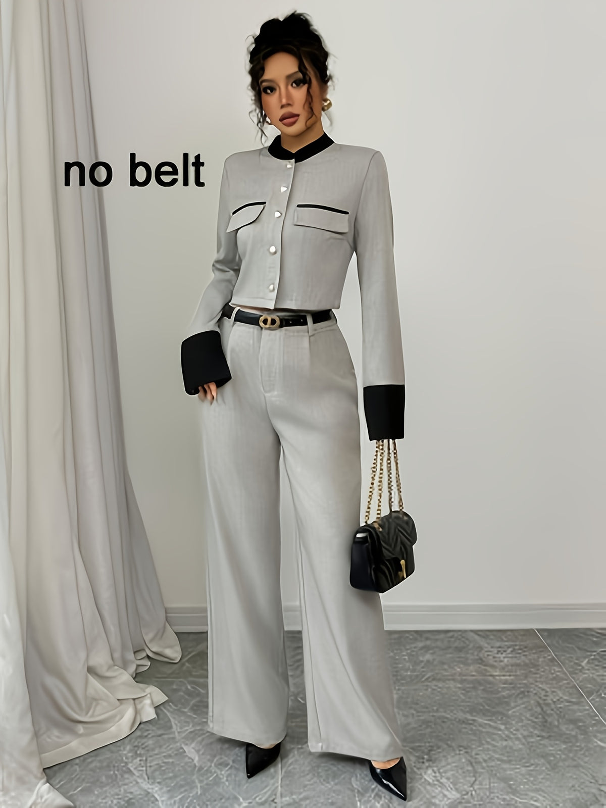 Elegant 2-Piece Suit Set with Stand Collar for Fall/Winter