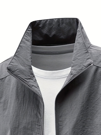 Men'S Olive Green Bomber Jacket with Stand Collar - Casual, Comfortable, Zip-Up Outerwear for Outdoor Activities, Casual Attire|Stand Collar Jacket|Zippered Jacket