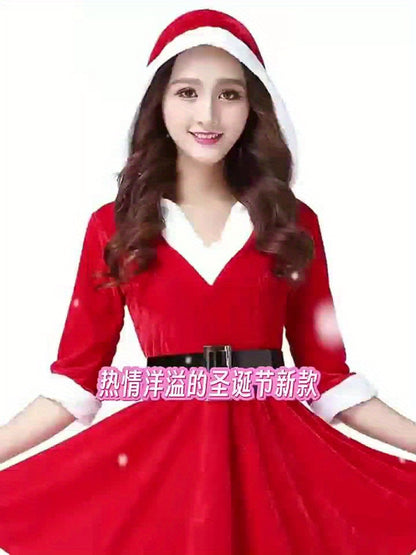 Women'S Elegant Red & Poinsettia Christmas Hooded V-Neck Party Dress with Belt - Sexy Temptation Outfit for Nightclub, Bar, Holiday Events - All-Season Formal &