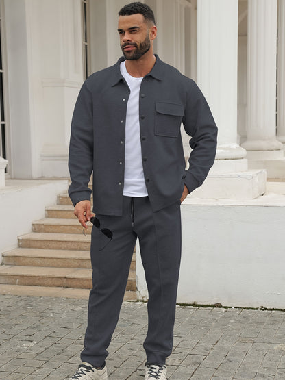 Men's Casual Sportswear Set - Long Sleeve Button-Up Shirt & Joggers, Stretch Fabric, Spring/Fall Collection