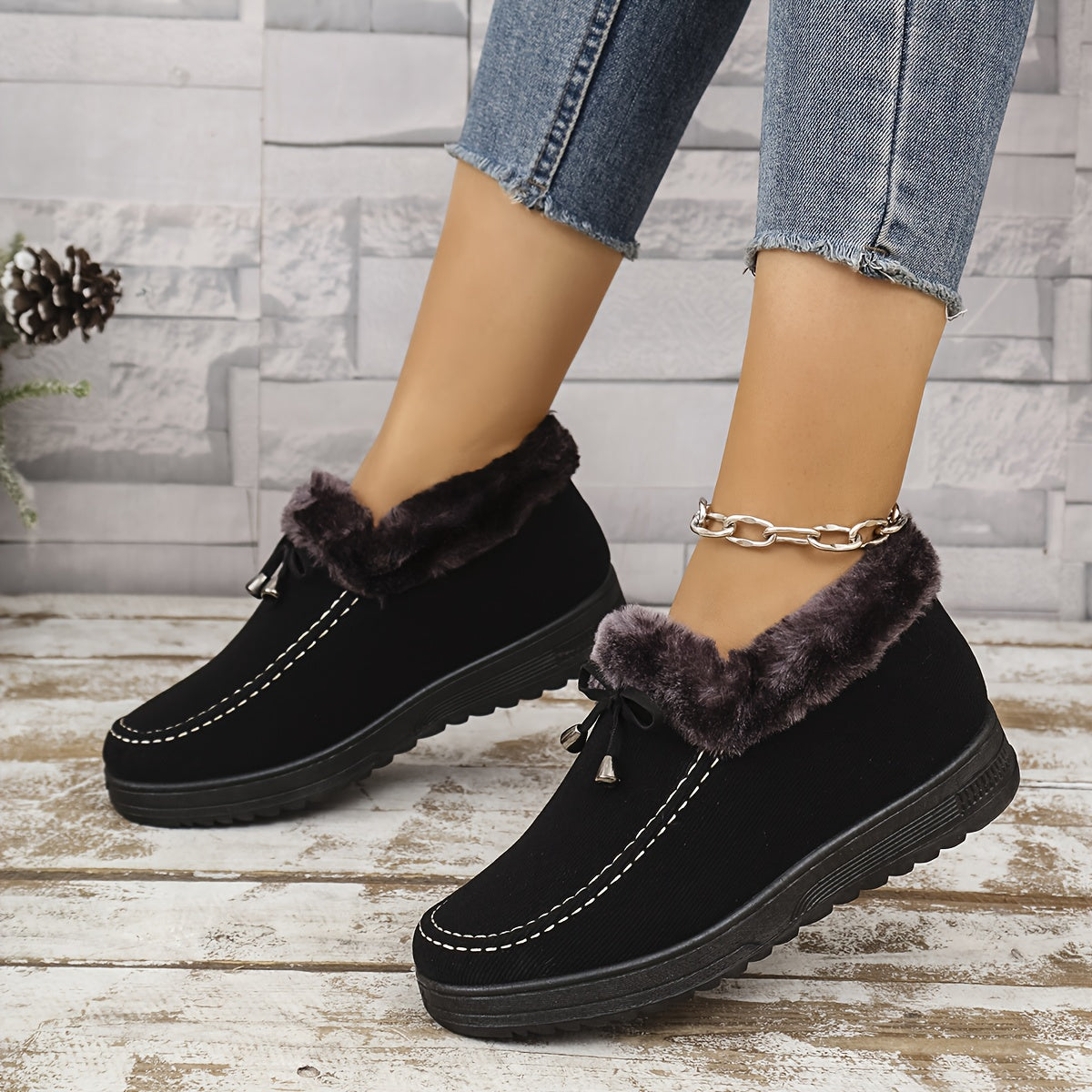 Women's Thick Fleece-Lined Non-Slip Warm Shoes for Winter | Slide On Indoor/Outdoor Casual Ankle Boots, Comfortable Flat Bottom Short , Winter Boots for Women Elegant Classy, Boots with Heels, Wide Width Boots for Women