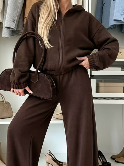 Women’s Casual Fall/Winter Hoodie & Wide-Leg Pants Set - ayq