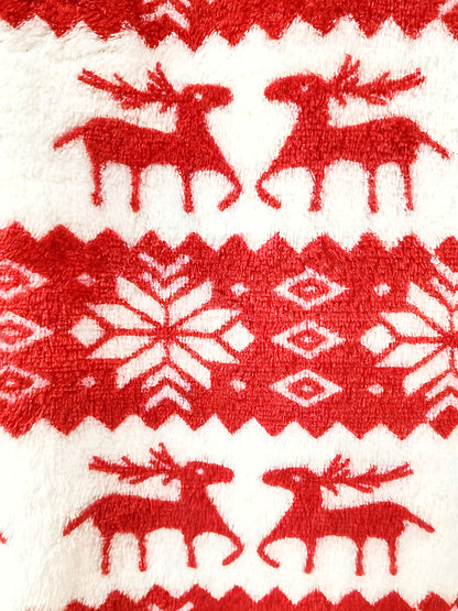 Christmas Red Reindeer and Snowflake Plush Long Sleeve T-Shirt | Rib, Round Neck, Fall/Winter Style