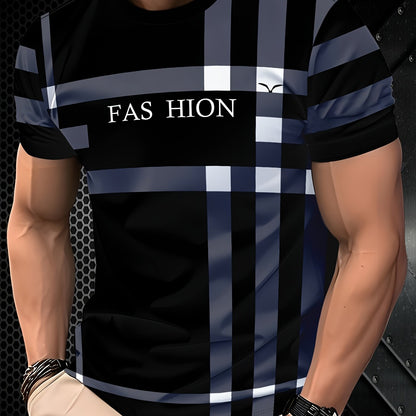 Men'S Casual "FAS HION" Graphic T-Shirt - Black  Blue Plaid, Short Sleeve, Round Neck, All-Season Comfort Fit, Casual Attire   Plaid Pattern Top   Comfortable Fit Shirt