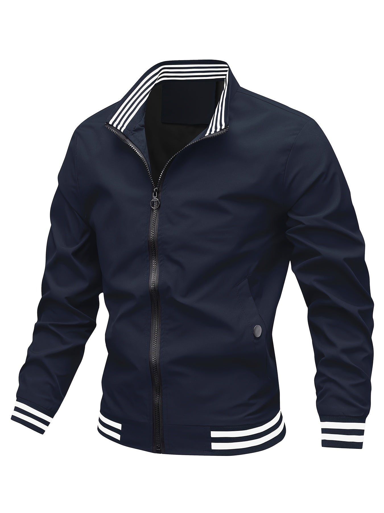 Men's Stand Collar Long Sleeve Zip Up Sports Jacket With Contrast Trim Design, Men's Spring Fall Outwear, As Gifts