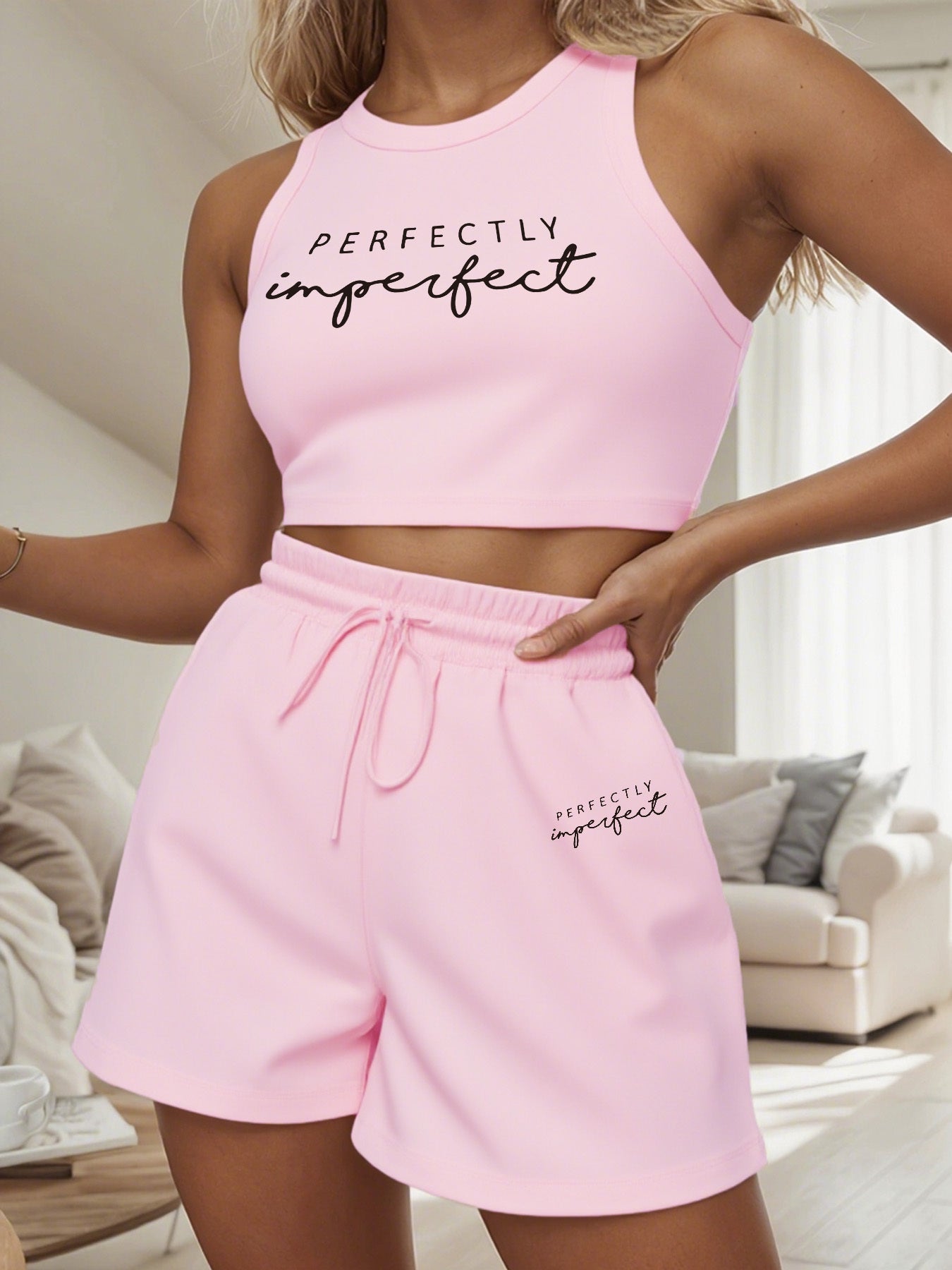 Women's Casual Vest and Shorts Set with Drawstring and Pockets