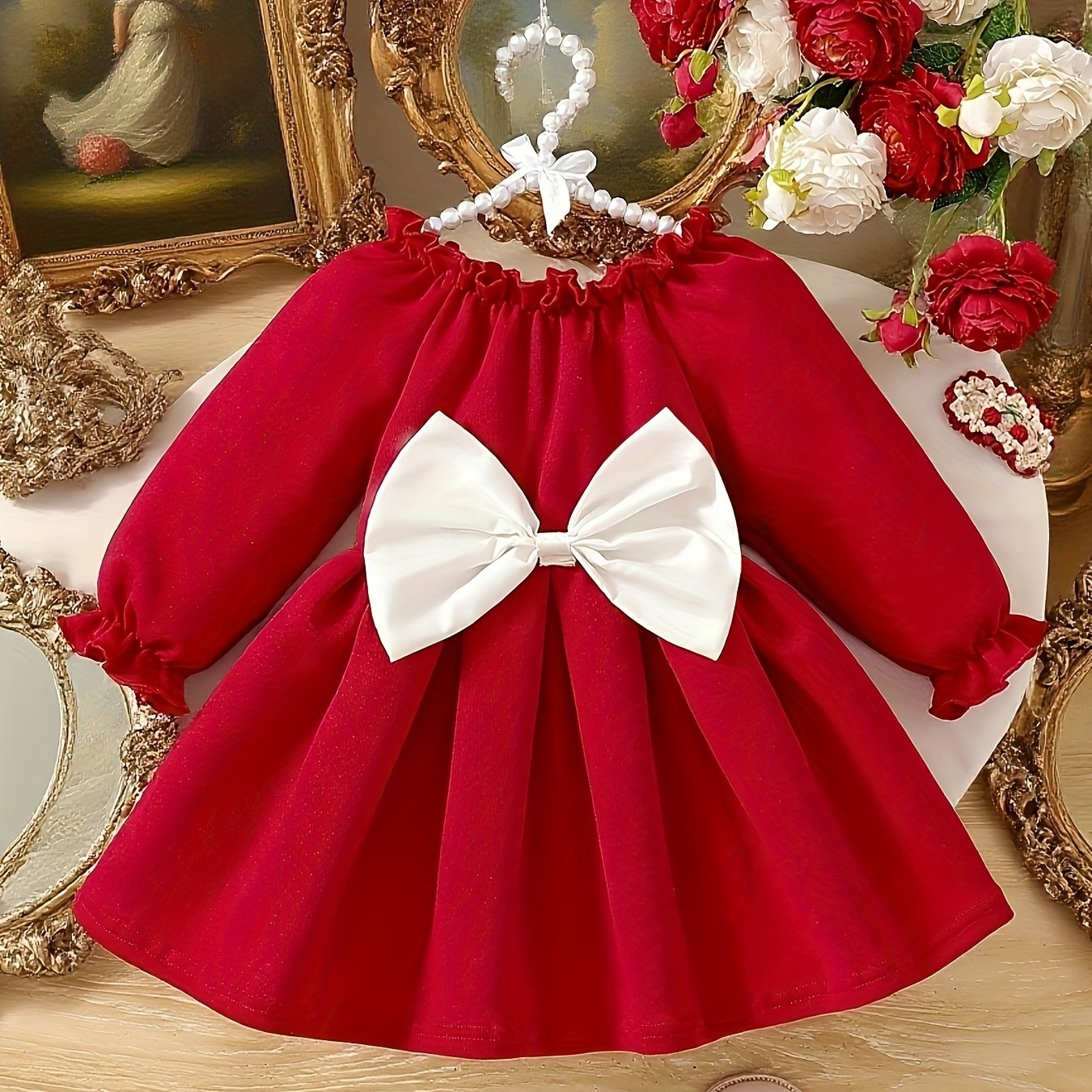 Girls' Long Sleeve Party Dress - Winter Formal & Everyday Outfit, Machine Washable Toddler & Baby Girl Clothing with Front Bow Accent - Rich Red Birthday, Christmas, Photoshoot Dress