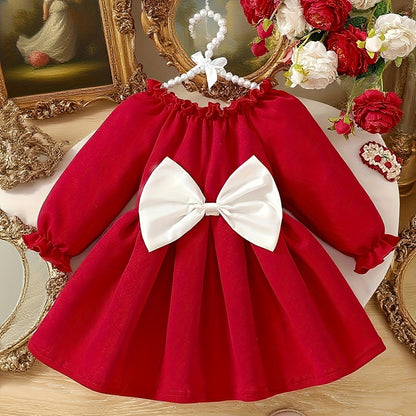Girls' Long Sleeve Party Dress - Winter Formal & Everyday Outfit, Machine Washable Toddler & Baby Girl Clothing with Front Bow Accent - Rich Red Birthday, Christmas, Photoshoot Dress