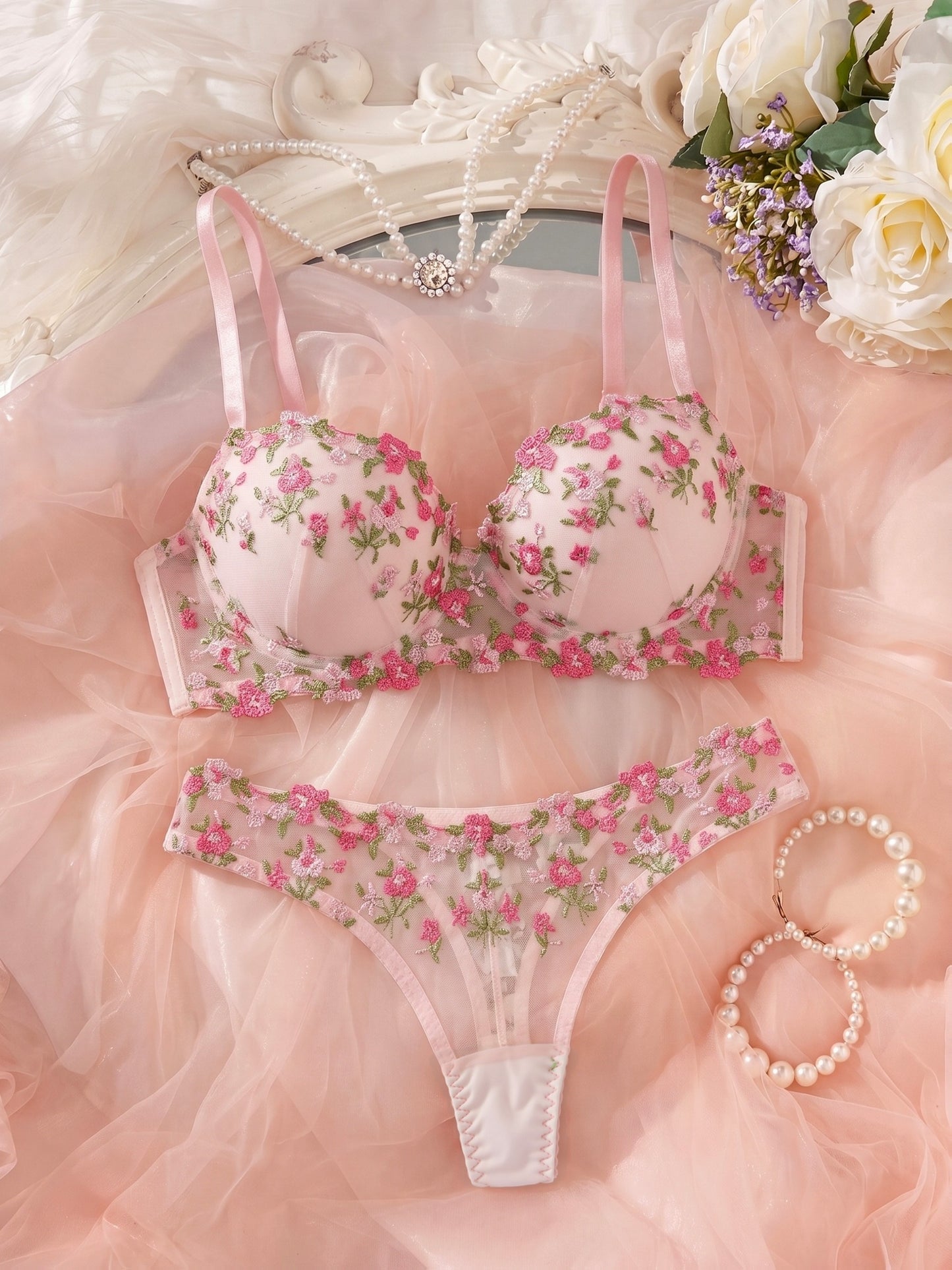 Women's Floral Embroidered Lingerie Set - Elegant Bra & Panties