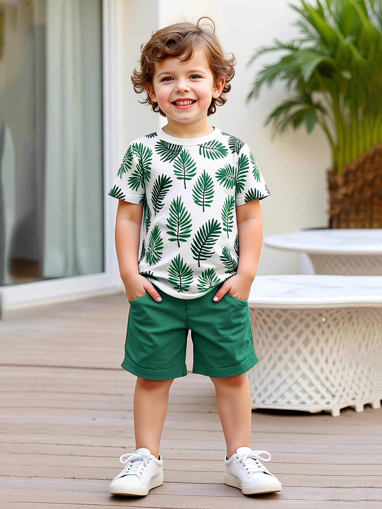 Boys' Summer Short-Sleeve Leaf Print T-Shirt & Shorts Set