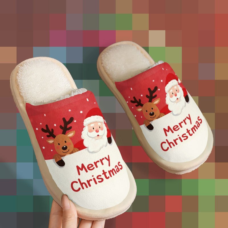 Santa Claus & Reindeer "Merry Christmas" Women's & Men's Home Slippers, Christmas Gift, Couple's Indoor Slippers, Super Comfortable Printed Slippers for Autumn & Winter,  Cozy Homewear, Christmas Design, Festive Print, Comfor
