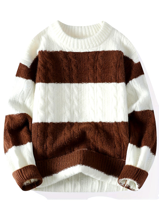New Autumn And Winter Round-Neck Fashion Striped Color-Block Knitted Pullover Sweater for Middle-Aged Men, Warm And Comfortable