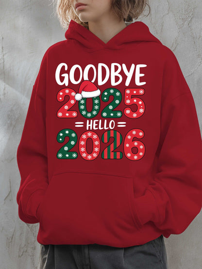 Women'S Hoodie - Goodbye 2025 Hello 2026 Sweatshirt with Christmas Countdown Design, Beige Pullover Hoodie, Front Pocket for Fall/Winter, Cozy Long Sleeve Sweater for New Year'S Eve & Everyday Winter Outfits - Perfect Gift fo