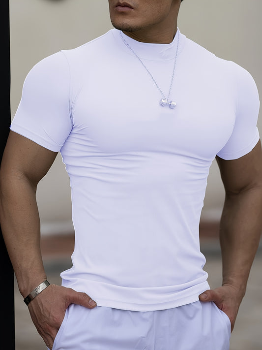 Men'S White Short Sleeve T-Shirt - Stretchy, Moisture-Wicking, Round Neck, Casual Fitness Wear for Summer, Sporty Style, Sportswear Tee   Sporty Neckline   Stretchy Fabric
