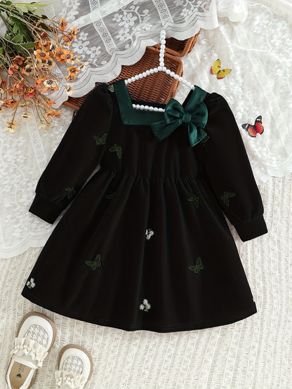 Dreamy Party Dress for Girls - Sweet 3-D Bow with Playful Embroidered Accents, Long Sleeve Spring/Fall Holiday Gathering Outfit