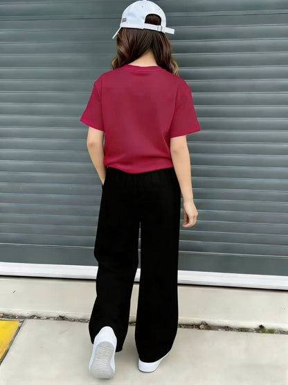 Girls Casual 2-Piece Summer Set: Printed T-Shirt & Wide Leg Pants