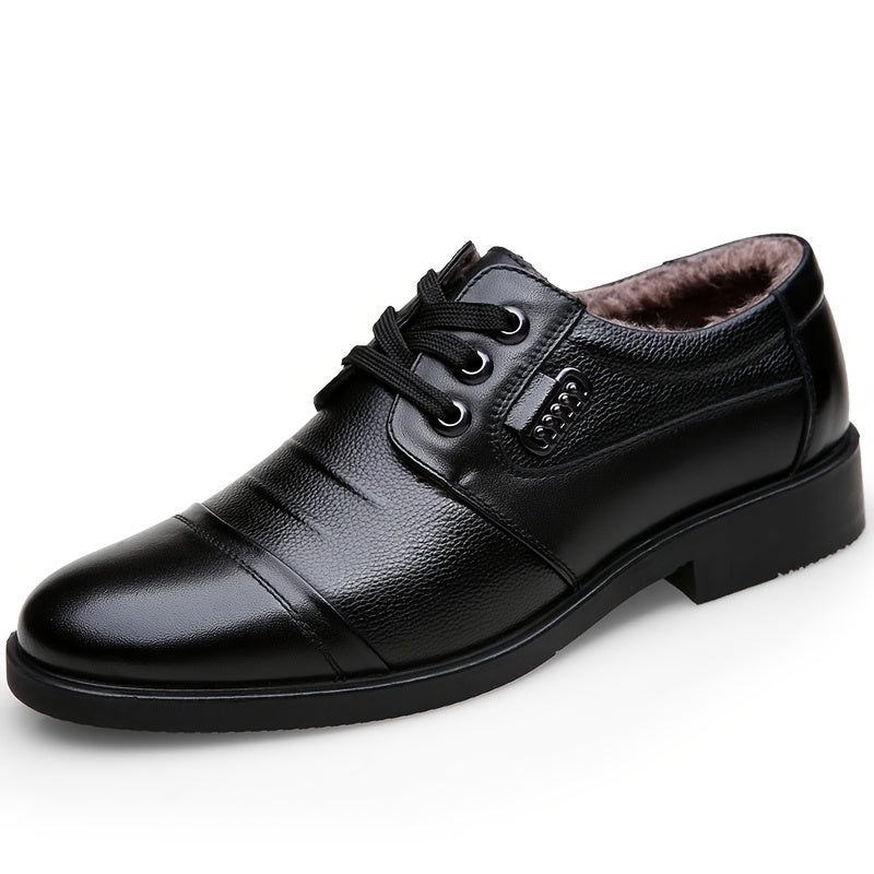 Men'S Genuine Leather Winter Warm Business Casual Shoes - Rubber Sole, Lace-Up Low-Top Design with Fabric Lining for All-Day Comfort, Black Solid Color for Office & Daily Wear