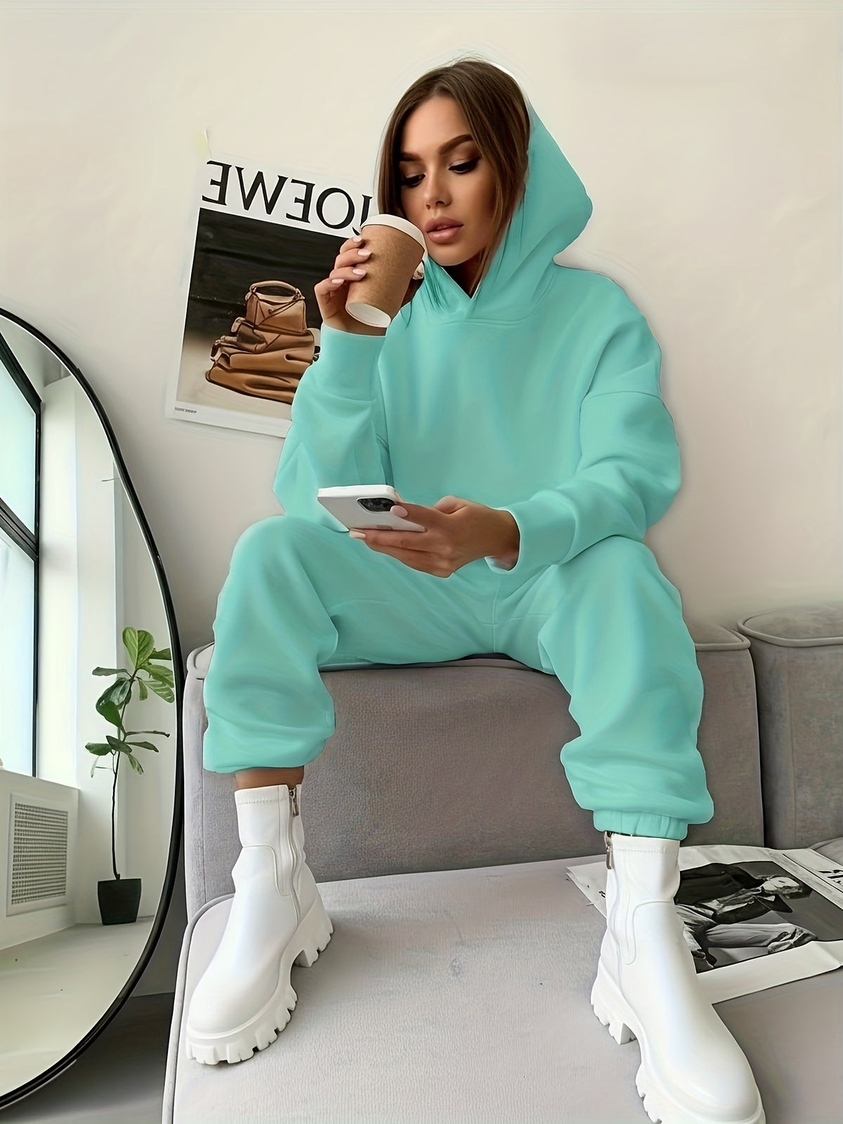 Women's Hooded Fleece-Lined Polyester Pant Set for Fall/Winter - ayq